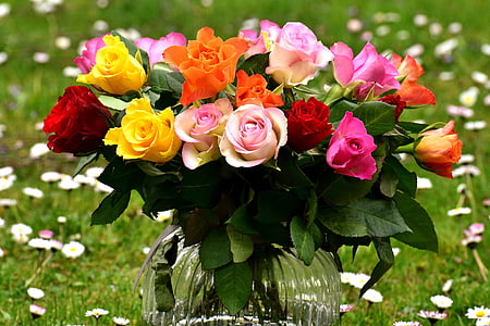 red, yellow, pink, and white rose bouquet