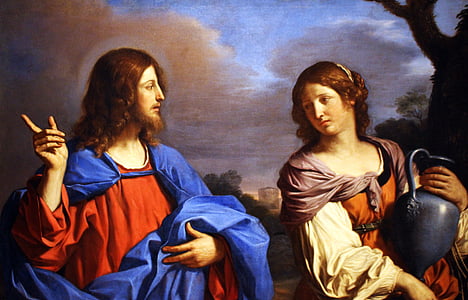 woman carrying jar and man wearing red top painting