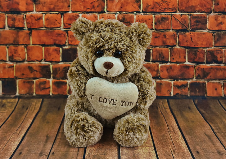 brown bear plush toy with i love you print