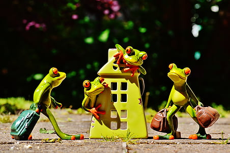 four green frogs with suit cases