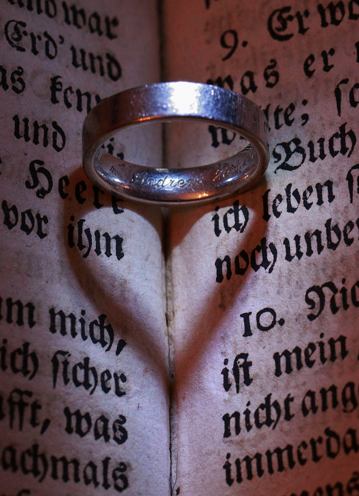 silver-colored ring on book