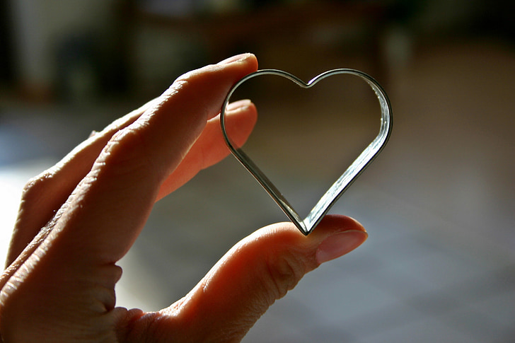 macro photography of person holding silver-colored heart-shaped frame