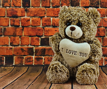 brown teddy bear with i love you text near red brick wall