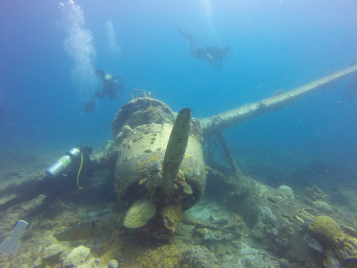 three divers swam on propeller plane underwater