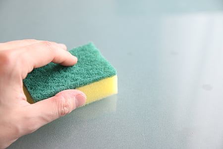 person holding yellow and green sponge