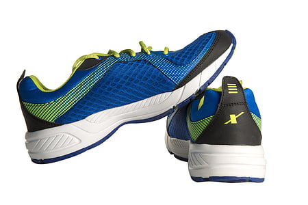 pair of blue-and-black running shoes