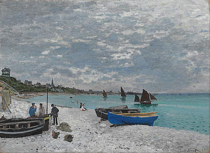 three men standing beside boat on seashore painting