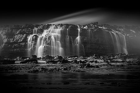 grayscale photography of waterfalls
