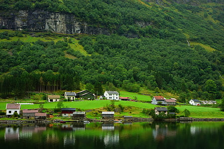landscape photo of village near body of water