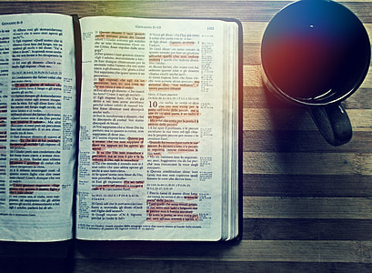 opened bible book with highlighted verses beside black ceramic mug