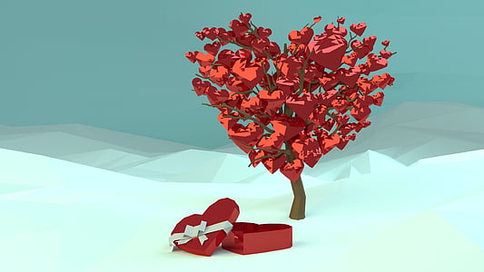 photo of heart-shaped red and white gift box beside tree