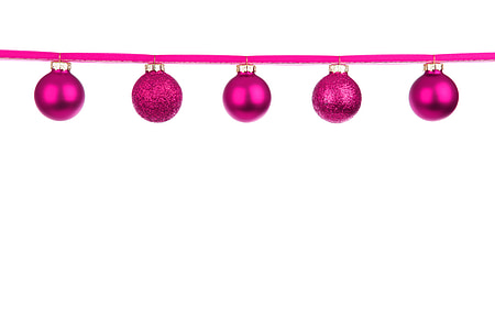five pink Christmas baubles
