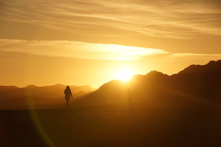 silhouette photo of two person near mountains