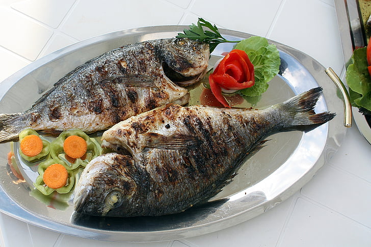 two grilled fish with vegetables on gray stainless steel plate