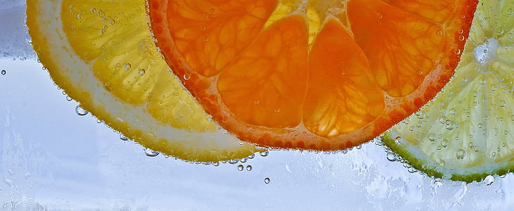 slices of lemon, orange fruit, and lime in water