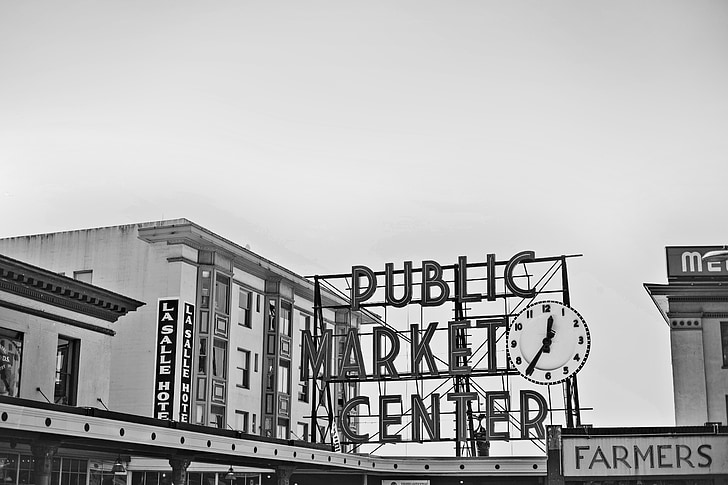grayscale photo of PUBLIC MARKET CENTER signage