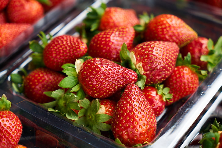 strawberries on gray tray