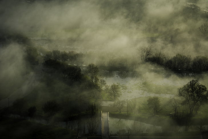 river, fog, steam, mist, landscape, morning