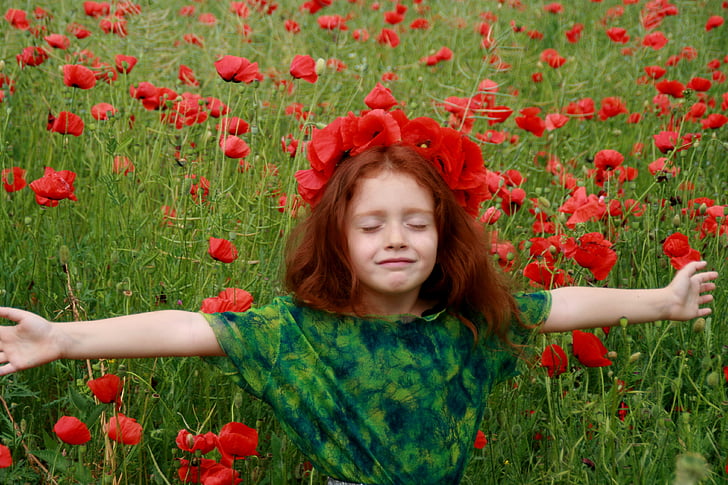 girl in green and black shirt standing on red petaled flowers field