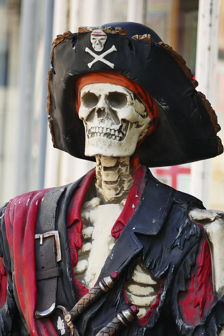 red and black skeleton with pirate costume at daytime