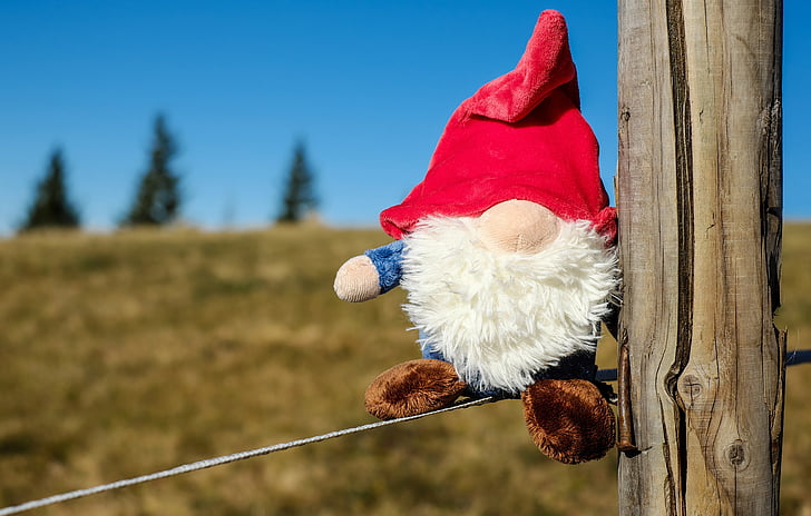close-up photography of elf plush toy on gray wire