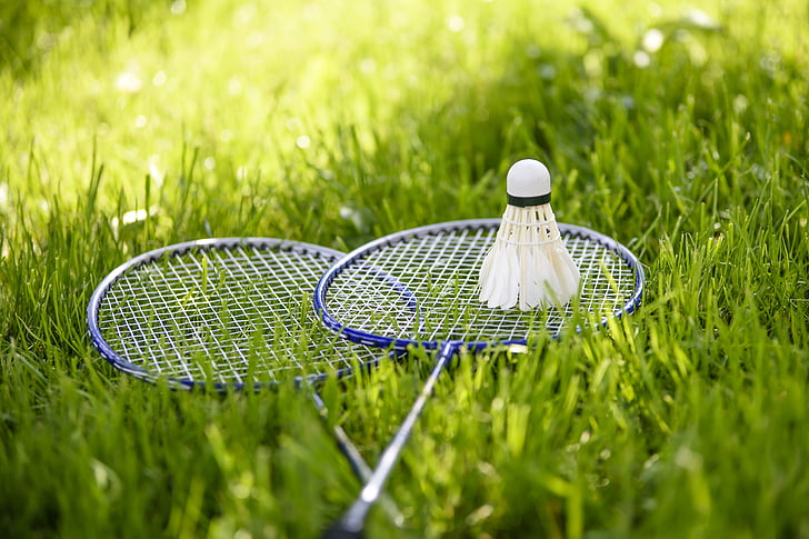 two blue-and-white badminton rackets and shuttlecock on grass