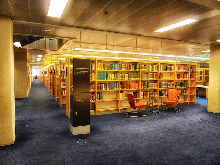 library interior with lights turned on