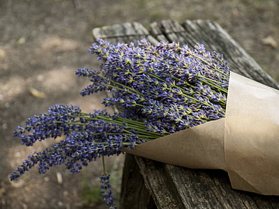 lavender flowers on top of gray wooden bench