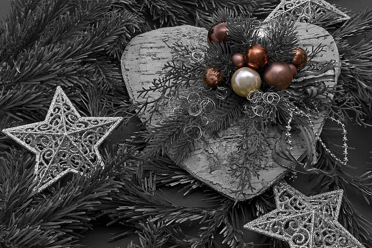 selective color photo of baubles