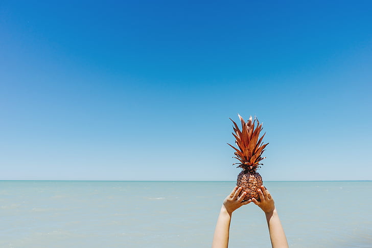 person holding a pineapple on beach