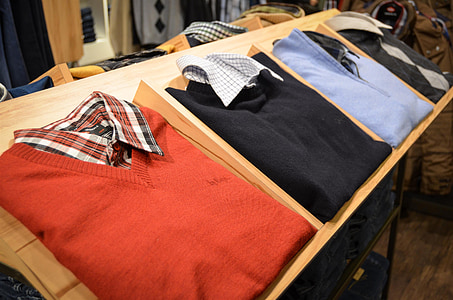 four blue, black, red, and gray polo shirts