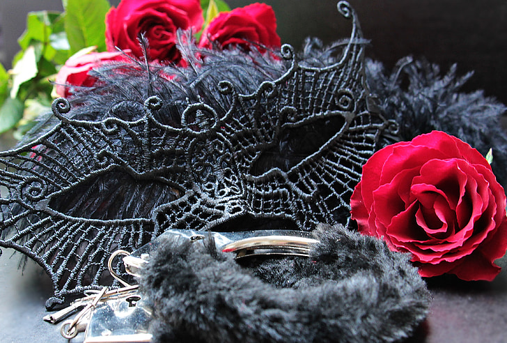 black mask beside red rose