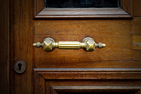 brown wooden door with brass-colored door handle