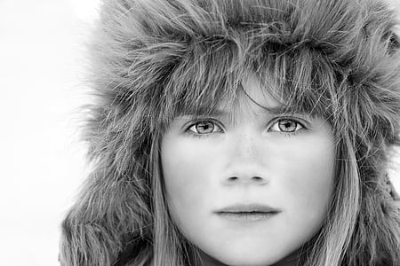 portraiture grayscale photography of woman wearing eskimo coat