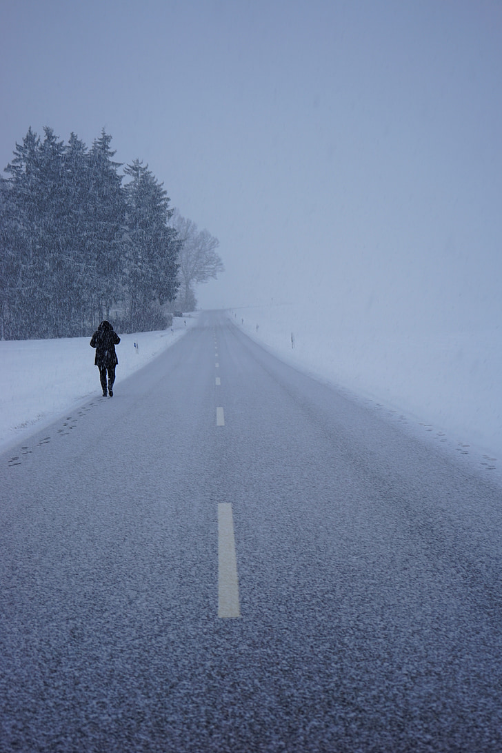 person walking beside gray road during snow