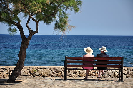 two person sitting on brown wooden pallet bench facing sea