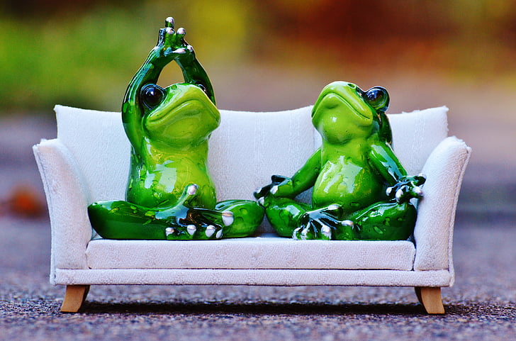 two ceramic frog figurines on white couch model scale