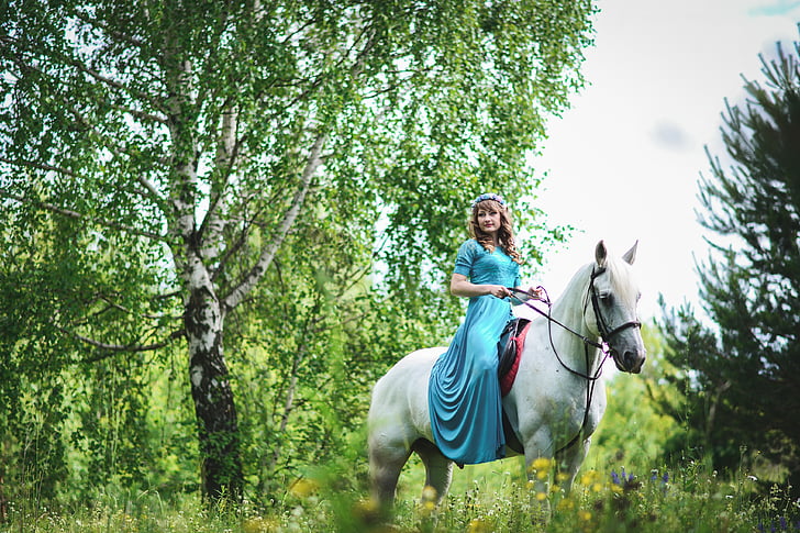 woman in blue dress riding on white horse