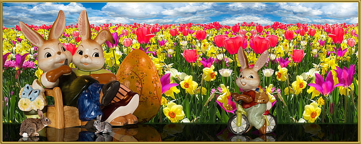 boy rabbit bicycling in front of sitting man and woman rabbits on bench with flower field background
