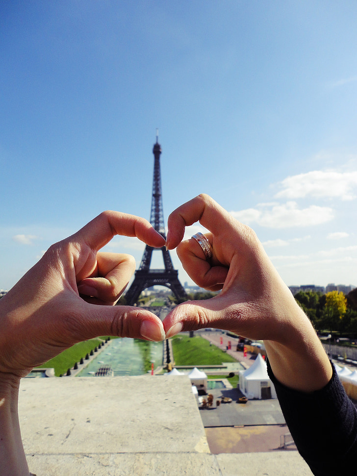 forced perspective photography of couple making heart hand sign during daytime