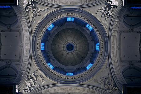 worm's eye-view photography of gray cathedral ceiling