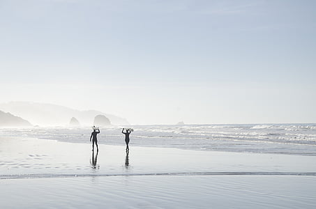 silhouette of two person walking on beach shore during day