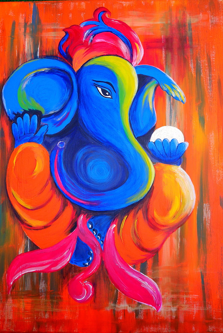 blue, yellow, red, and orange elephant painting