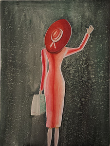 woman wearing red hat and dress paintign
