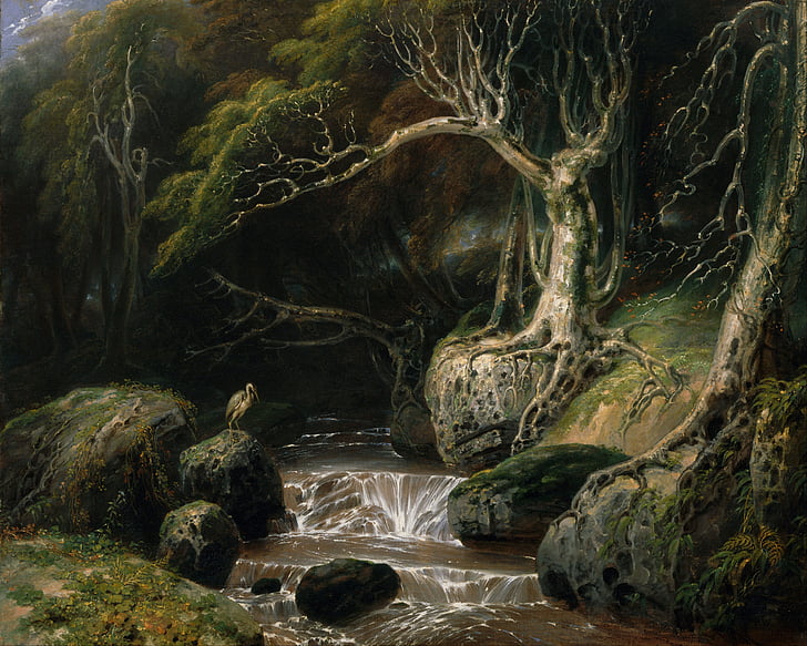 painting of body of water near trees