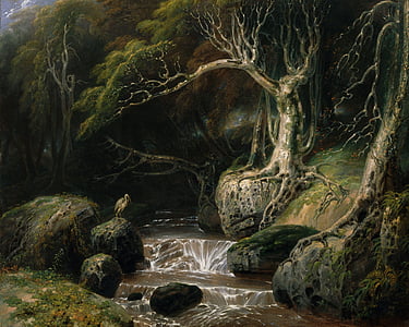 painting of body of water near trees