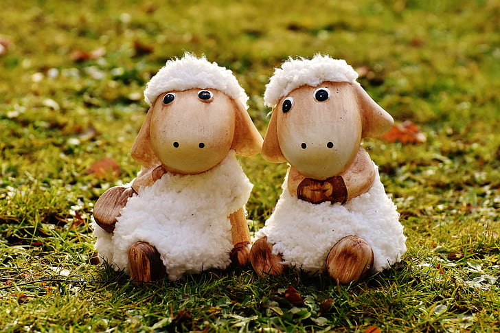 two white sheep decors on green grass