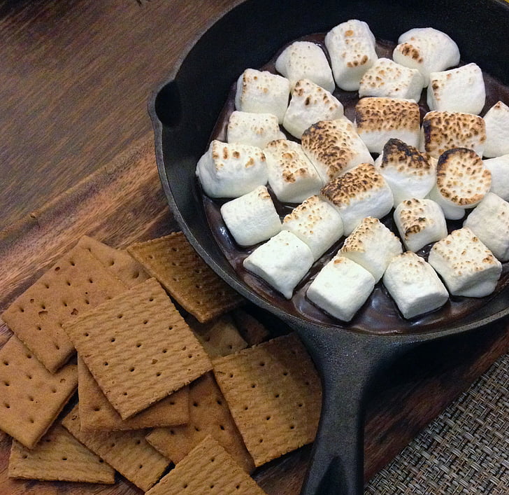 white marshmallows on black pan