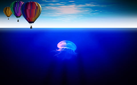 jellyfish in deep blue sea under three hot air balloons digital wallpaper