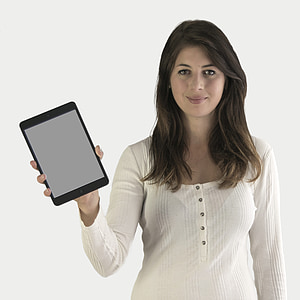 woman wearing Henley long-sleeved top holding black iPad